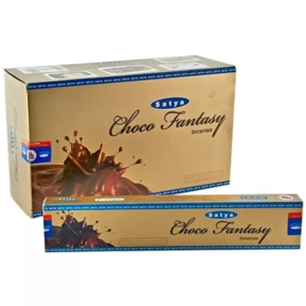 Golden box of Choco Fantasy chocolate bars with smooth texture and bold brand name on front. High quality, vibrant colors.