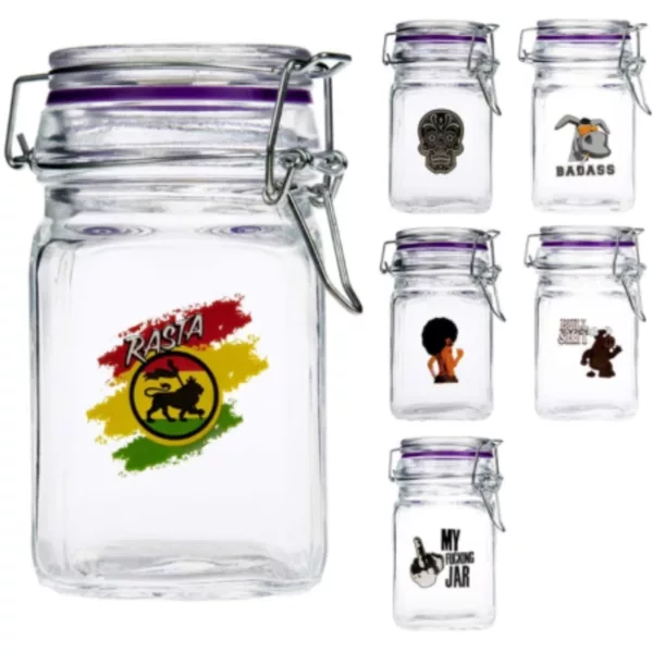 Glass jar with screw top lid containing a variety of unique items, including a skull and cat, for a one-of-a-kind smoking experience.