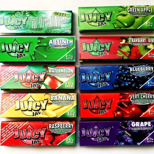 Various fruit-flavored Juicy Jay Papers available in boxes, including strawberry, watermelon, grape, and blue raspberry.