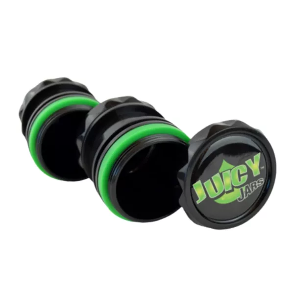 A black and green plastic container with a round shape and a lid, designed for storing liquids and featuring the brand name Juicy Lounge in white letters.