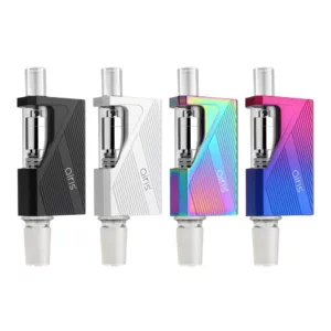 The Airis Dabble vaporizer by Airistech has a sleek, modern design with a metallic body and colored accents. It features a small screen on the front face and a small window on the back that displays temperature and battery level. It is compact and portable, making it ideal for on-the-go use.