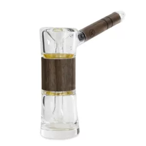 hand-blown glass water pipe with a wooden handle and clear glass bottom for a smooth smoking experience.