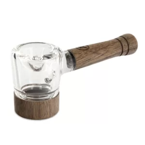 Elegant wooden spoon pipe with a transparent glass mouthpiece, made of high-quality materials for a comfortable smoking experience. A stylish addition to any smoking accessory collection.