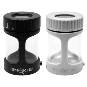Two versions of Stash Jar - Smokus Focus available: white and black, and clear plastic.