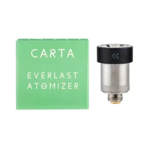 Atomizer in small, circular metal shape with circular hole, contained in small rectangular metal box with rectangular hole. Professional and modern appearance.