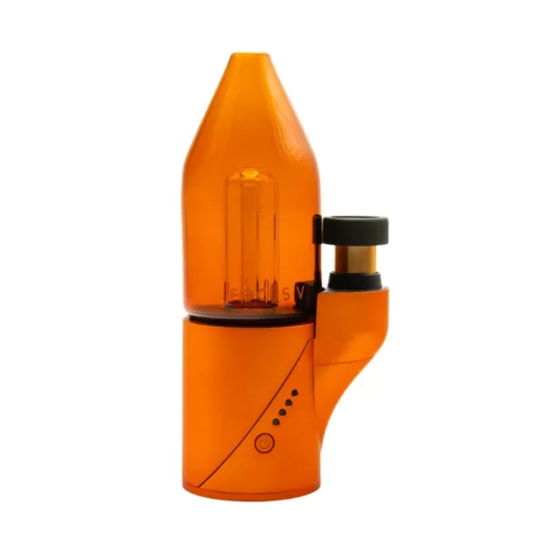 Helios Carta Edition Focus V lighter with orange, clear glass, and black plastic design. Compact and easy to use with a small button ignition. Modern, sleek design with vibrant colors.