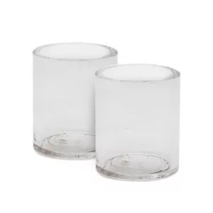 Two clear, cylindrical glass cups with a narrow base and wide mouth, standing upright on a white background. Empty and intended for use with smoking products.