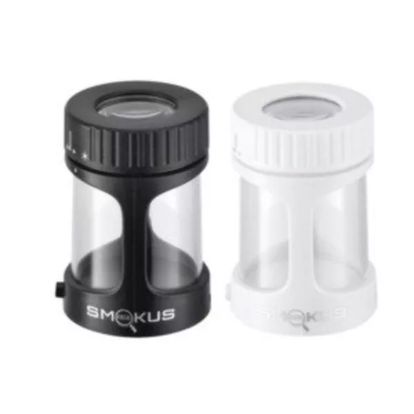 Clear water bottle with white and black cap and label 'Smokus Focus' on white background.