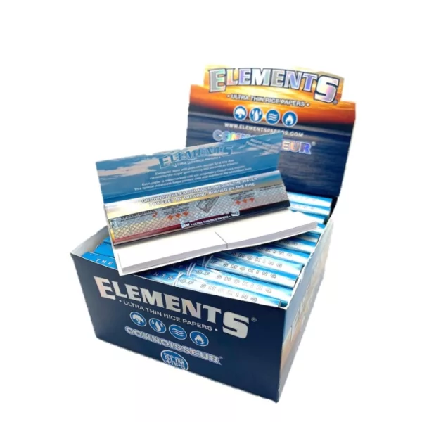 Box of Elements cigarettes, made of cardboard with clear plastic window and blue and white striped pattern. Cigarettes packaged in clear plastic tube with white label.