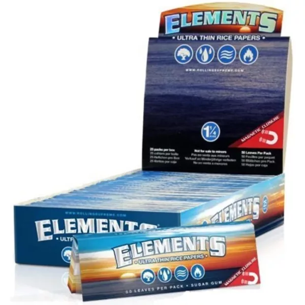 Box of Elements energy bars with white background and black text, featuring a person holding a blue and white energy bar with Energy Bar written in white.