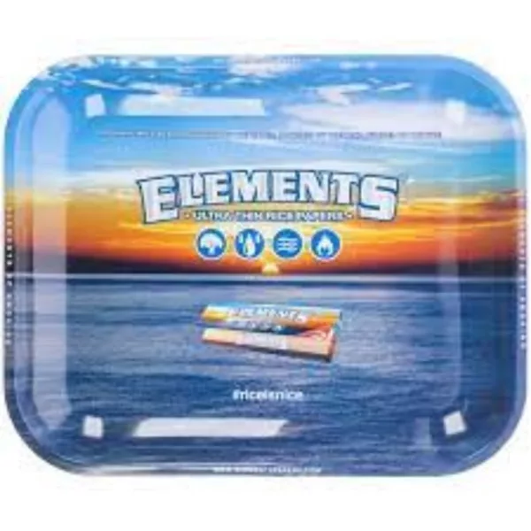 Large metal rolling tray with blue background and white 'Elements' text. Suitable for serving food and drinks.