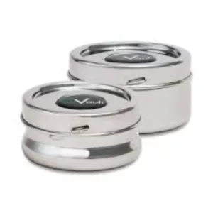 Stainless steel container with removable lid and silver band. Shiny, screw-free exterior and empty interior. Perfect for storing smoking accessories.