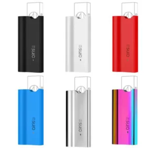 Vaporizer with sleek, modern design and compact size. Four colors available: red, blue, green, and purple. USB port for easy charging.