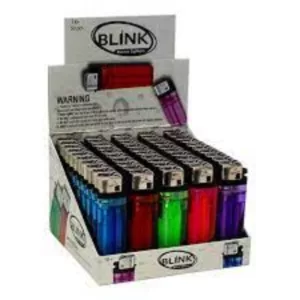 Display case with various colored lighters in a grid pattern. Ready for use with clear plastic covers.