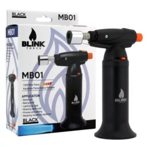 Black metal heat gun with plastic handle and metal nozzle, on black and white checkered box background.
