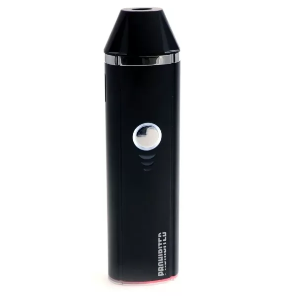 A small, black vaporizer with a red button for vaporizing herbs and concentrates. Made of plastic and sits on a white background.