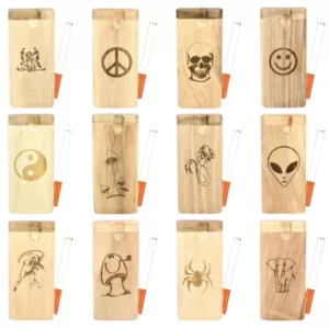 Engraved Wooden Dugout cigarette cases are made of wood with various designs and a natural finish, serving as both a storage and decorative item.