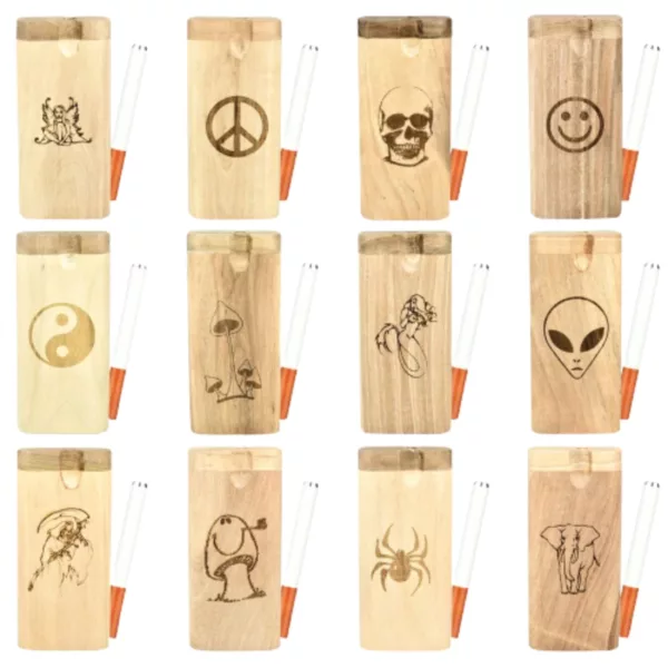 Engraved Wooden Dugout cigarette cases are made of wood with various designs and a natural finish, serving as both a storage and decorative item.