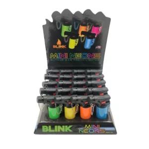 Colorful mini neon torches on white background, available at smoking company website.