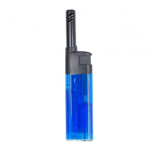 A simple mini BBQ lighter with a blue plastic handle and clear lid, ideal for lighting cigarettes or other objects.