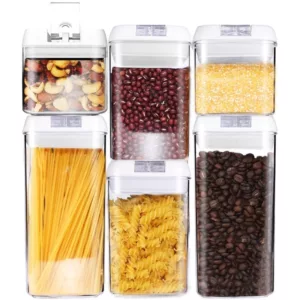 Six sleek, modern air-tight containers for storing pasta, beans, and rice. Organized and easy to distinguish.