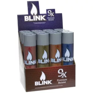 Blink Butane offers a variety of butane products in clear plastic boxes with bold, black lettering. Boxes contain transparent and opaque bottles in different sizes and colors.