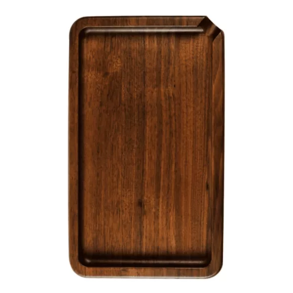 Empty, smooth wooden rectangular tray with brown finish and no handles, made of solid wood and labeled RYOT.