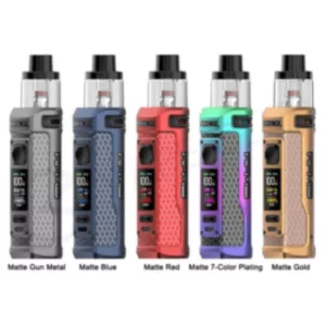 The RPM 85 by SMOK is a clear glass tank with a grey and blue battery, clear coil, and black, blue, and purple drip tip. It features colorful coils surrounded by the tank and is available in blue, green, red, and yellow flavors.