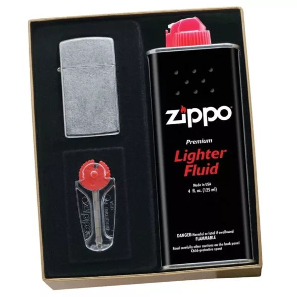 Zippo Gift Kit includes a standard Zippo lighter, key chain, taser, and compact flashlight with red light.