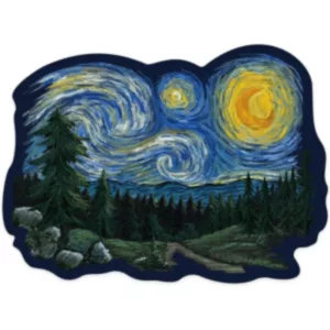 Starry Night by Van Gogh, depicted in a naive style with a yellow moon, mountains, and trees in the foreground. The sky is painted in shades of blue and purple with stars scattered throughout. The overall effect is a sense of calm and serenity.