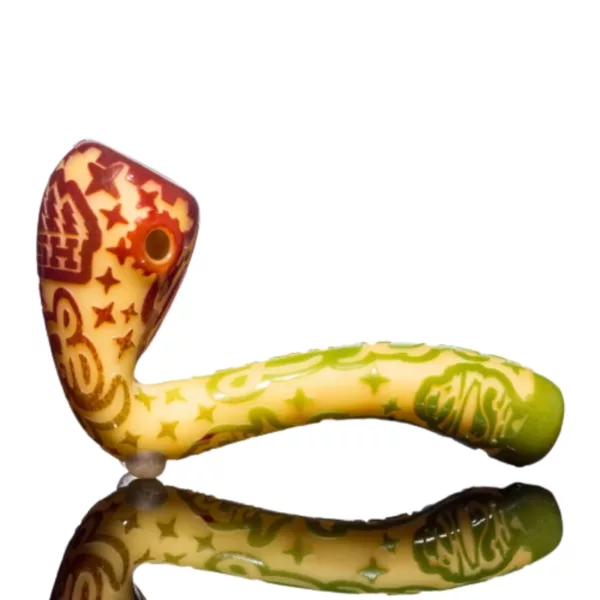 Handcrafted glass pipe with intricate snake design and golden-red color scheme. Reflective surface adds to its unique charm.