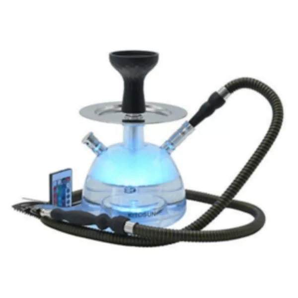 Stainless steel LED hookah with adjustable blue light and long hose for smoking tobacco.