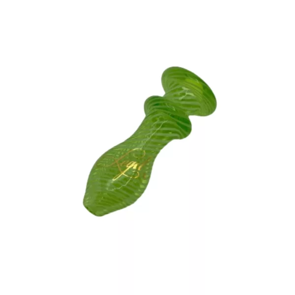 A bright green, twisted glass blunt holder with a wavy, zigzag pattern and a small round opening at the top and a hole at the base for easy insertion.