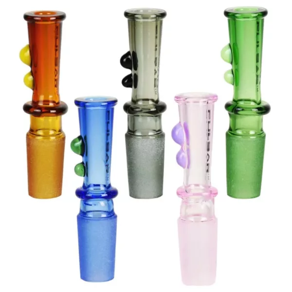 Water Pipe Glass Cone Adapter - Pulsar with 6 colored pipes, including blue and green, and a small indentation on the top of the base for the mouthpiece.