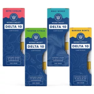 Delta 10 Cartridge from Honeyroot comes in three packs with blue, purple, and green designs, featuring the honeyroot logo and product information on the back.