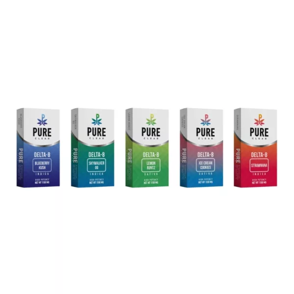 Four boxes of pure CBD oil in different colors (blue, green, purple, and red) are stacked on top of each other. Each box contains a small amount of the oil. The overall image is of a group of four boxes of pure CBD oil.