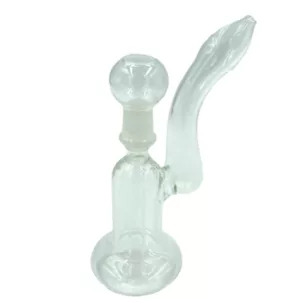 A functional glass bubbler rig with a clear, round bubble in the center, featuring a large and small mouthpiece on each end and a small hole at the top. Made of clear glass.