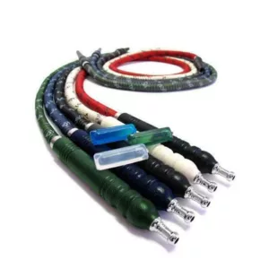 high-quality, well-made smoke hose with a clear tube and lid, green and blue handles, and a clear plastic nozzle with red and white striped tip and three plastic pieces.