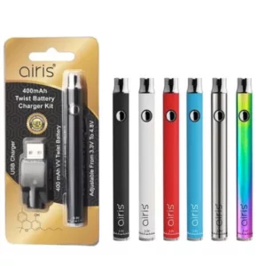 sleek, modern electronic cigarette with a 350mAh battery and various flavor options. It comes with a USB charging port and a sample pack of six cartridges.
