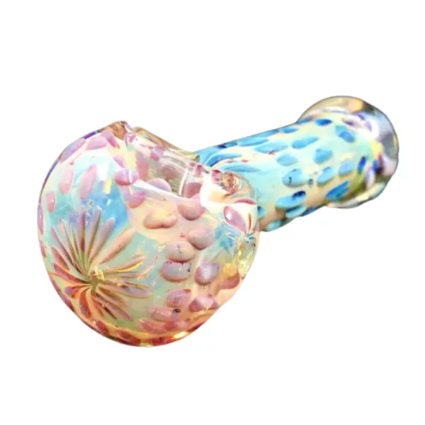 Abstract, multicolored glass pipe with a unique design.