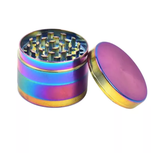 Small, colorful grinder with silver top. Compact and portable. Ideal for grinding various substances. Made by Small Raindow.