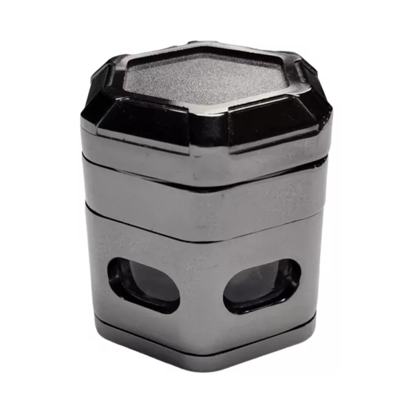 black plastic container with a hexagonal shape and two small holes on the top, shown on a white background.