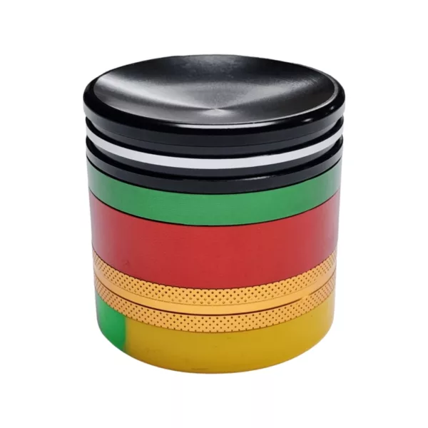 Colorful container with black base and stripes, small hole on top, sitting on white surface.