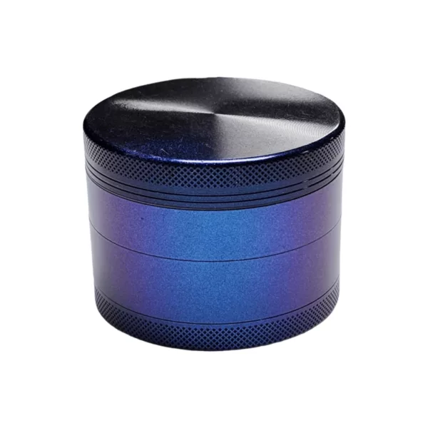 Holographic 4 part grinder with black base and silver accents. Cylindrical shape with smooth surface and small handle. Designed for use with grinder attachment.