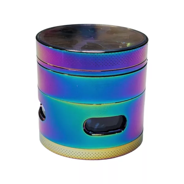 A multi-colored, metallic rolling paper case with a holographic rainbow pattern and transparent sides.