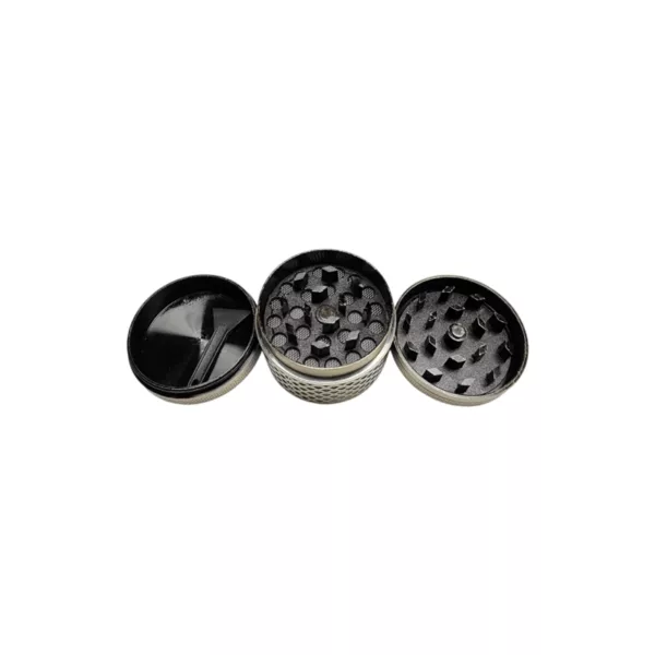 sleek, metal grinder with two lids and handles, and metal teeth for grinding herb material. It has a polished surface and is available on a smoking company website.