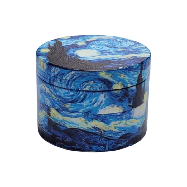 Luxurious tin box with gold accents, featuring a stylized, cartoonish version of The Starry Night on a blue and white background.