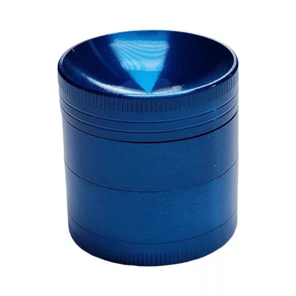 Concave blue grinder with flat bottom and flared top, two handles, matte finish, made of blue plastic, medium size, smooth surface.