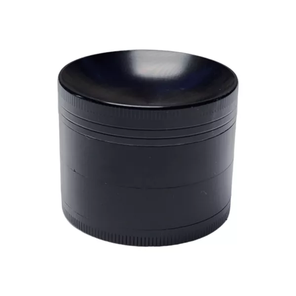 Modern black concave grinder with smooth surface and large handle knob, suitable for smoking or vaping.