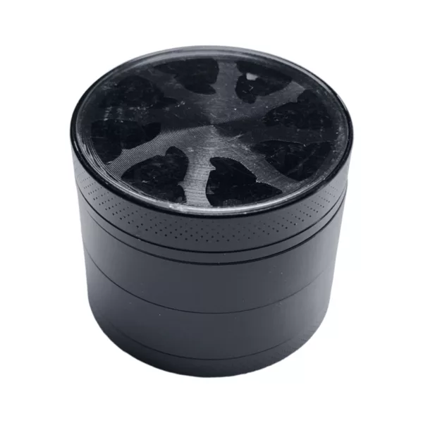 A sleek black grinder with a white wheel and clear window, featuring a curved handle and the label Smoke Co. on the side.
